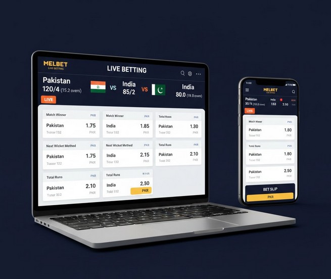Melbet live betting platform with cricket match and real-time odds